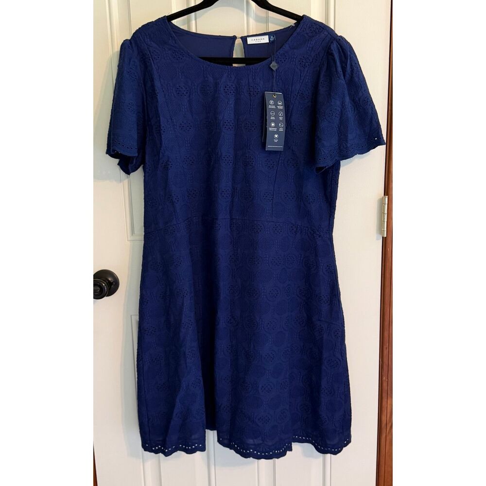 NEW!! Cabana Life Eyelet Lace Scallop Hem Navy Blue Scoop-Neck Mini Dress XL